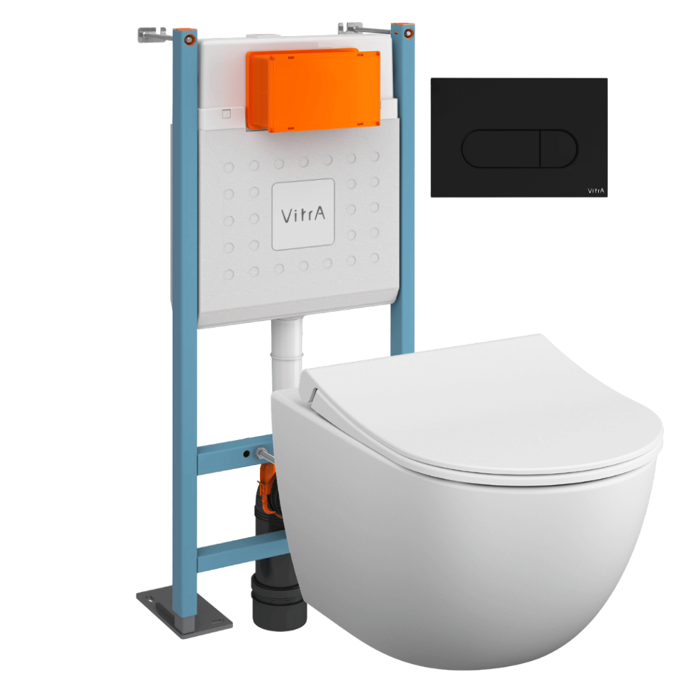 Pack WC suspendu VitrA Sento blanc mat + bâti autoportant V-Fix Core + Plaque Round noir mat