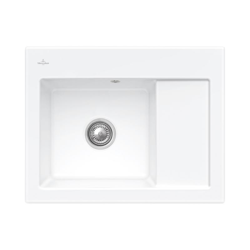 Evier 1 bac VILLEROY ET BOCH Subway 45 Compact 65 x 51 cm egouttoir a droite Stone White CeramicPlus avec vidage manuel