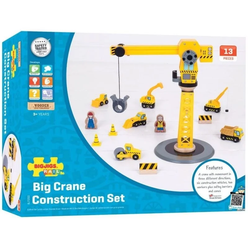 Bigjigs Rail, Ensemble De Construction De Grue Jaune - 13 Pièces, Adapté Aux ges Dès 3 Ans