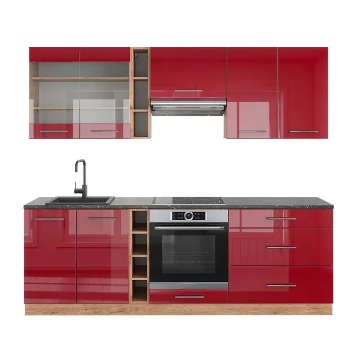 Vicco Cuisine Bordeaux brillant/Chêne doré 235cm, PT Anthracite