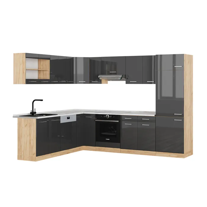 Vicco Cuisine en angle Anthracite Haute brillance/Chêne de force doré 287 x 227 cm, PT Marbre