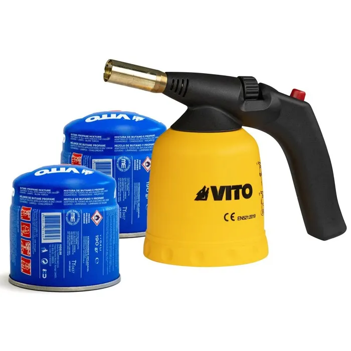 Lampe a souder à gaz ABS Allumage piezo + 2 Cartouches de gaz 190gr Perçables - Chalumeau à gaz Bricolage Plomberie Soudure VITO