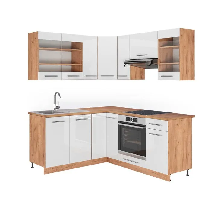 Vicco Cuisine en angle Blanc Haute brillance/Chêne de force doré 190 x 160 cm, PT Chêne