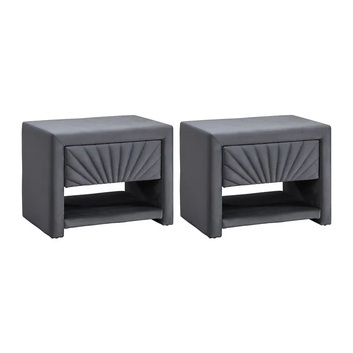 Lot de 2 tables de chevet - 1 tiroir et 1 niche - Velours - Gris anthracite - ULAMI