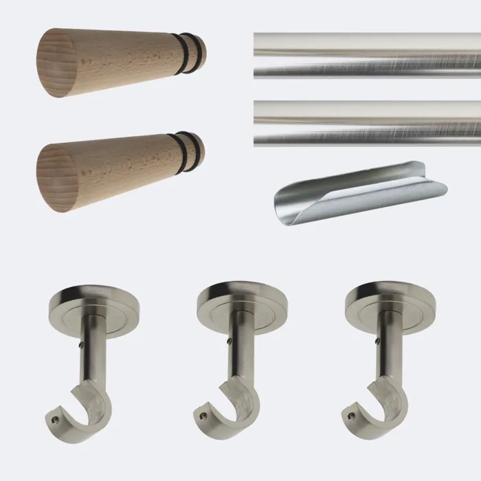 Kit de tringle à rideaux Nickel Mat 300cm Diam.20mm Embout Cône Bois - Fixation Plafond - Boulet