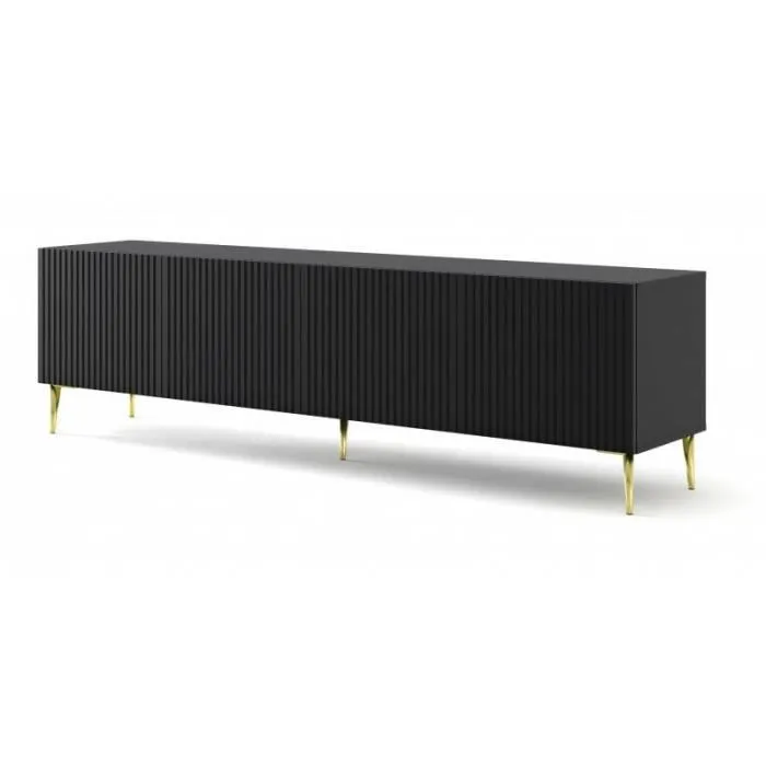 Meuble Tv Ravenna Avec 4 Portes En Bois Et Pieds Dorés - Noir Mat - L 200 X P 42 X H 56 Cm