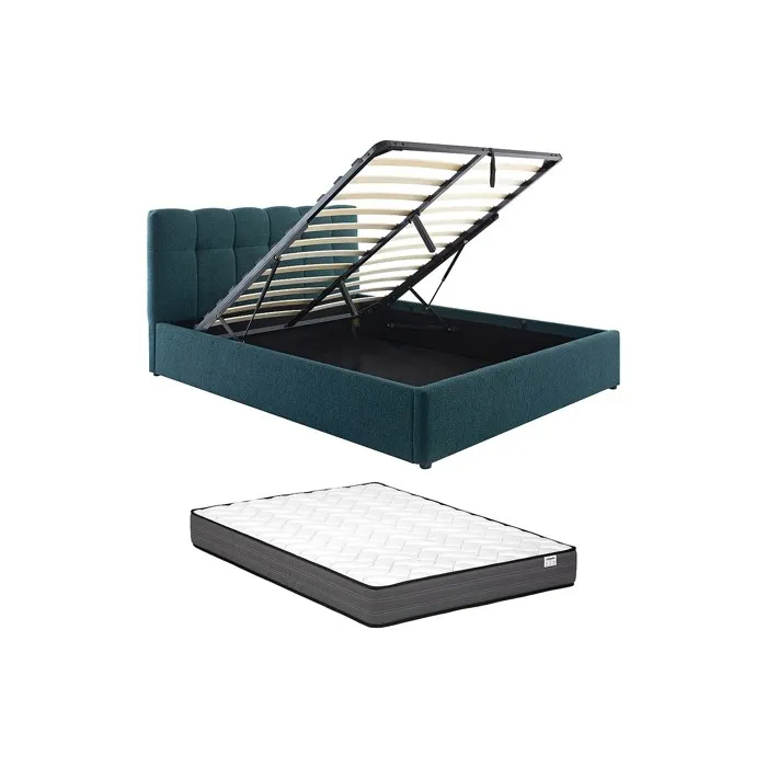 Lit coffre 160 x 200 cm - Tissu bouclette - Bleu canard + Matelas - MAZIRI