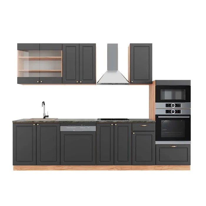 Vicco Cuisine Anthracite Campagne/Chêne doré 300cm avec armoire haute, PT Anthracite