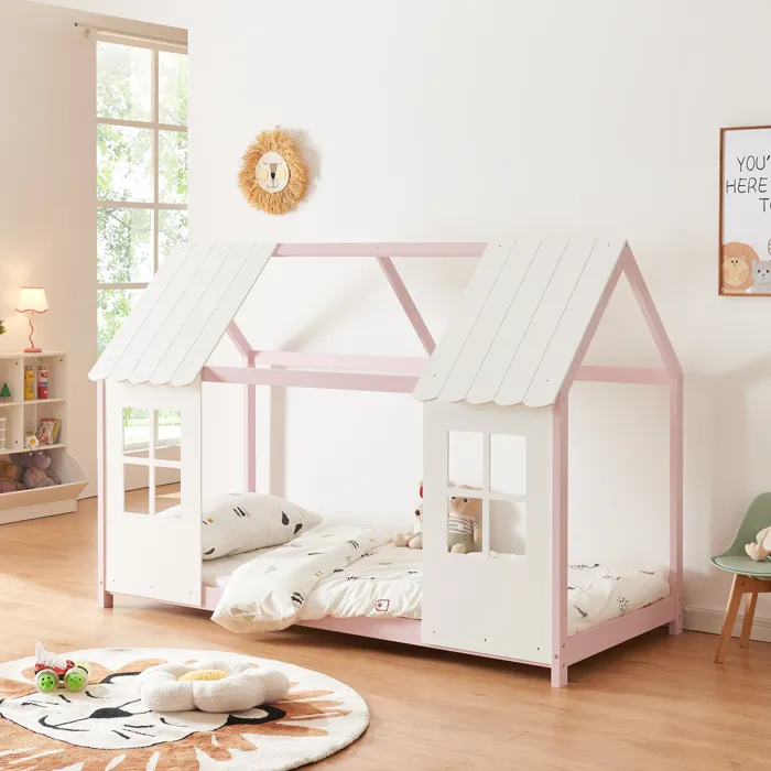 Lit cabane Tostedt pour enfant forme maison bois de pin 90 x 200 cm rose blanc en.casa