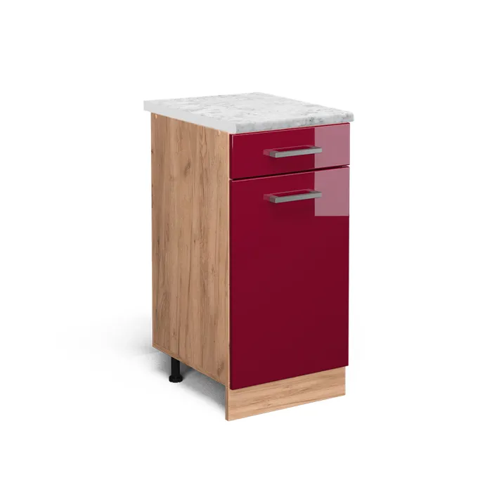 Vicco Meuble cuisine Rouge brillant/Chêne doré 40cm plan de travail Marbre