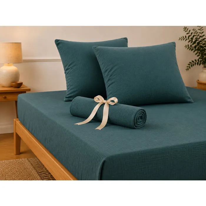 Pack Drap Housse 140 X 190 Cm + 2 Taies D'oreiller 60 X 60 Cm Double Gaze De Coton Gaïa Bleu Canard