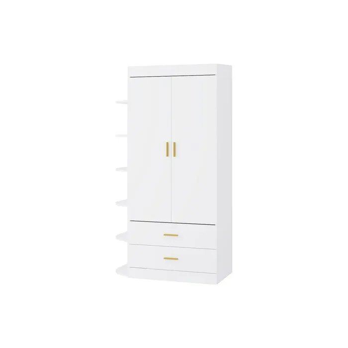 Armoire 2 portes 2 tiroirs et 6 étagères - L100 cm - Blanc et doré - GRIMORI