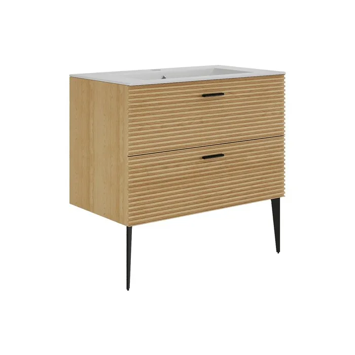 Meuble de salle de bain strié sur pieds avec vasque à encastrer - 2 tiroirs - Naturel clair - 80 cm - SARONE