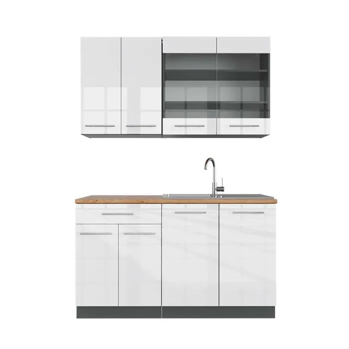 Vicco Cuisine Blanc brillant/Anthracite 140cm, PT Chêne