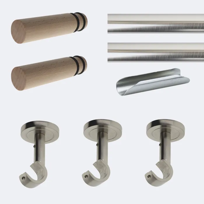 Kit de tringle à rideaux Nickel Mat 300cm Diam.20mm Embout Cylindre Bois - Fixation Plafond - Boulet