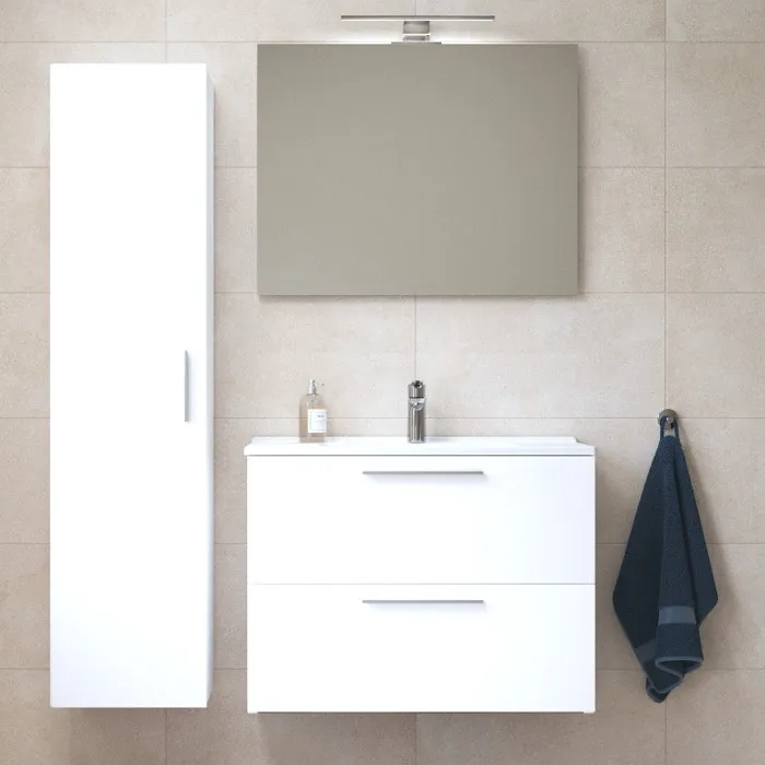 Set Mia ensemble meuble 79x61x39,5 cm avec miroir, lavabo, éclairage LED + armoire 145x35x35cm, Blanc brillant