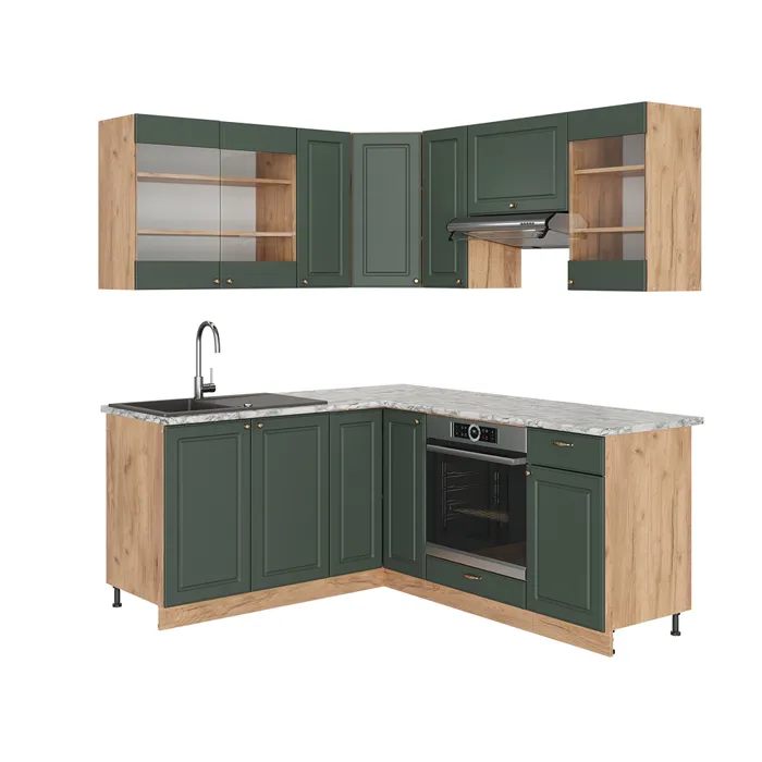 Vicco Cuisine en angle Vert Or Campagne/Chêne de force doré 190 x 160 cm, PT Marbre
