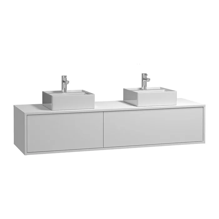 Meuble de salle de bain suspendu blanc avec double vasque à poser carrée - L150 cm - ISAURE II