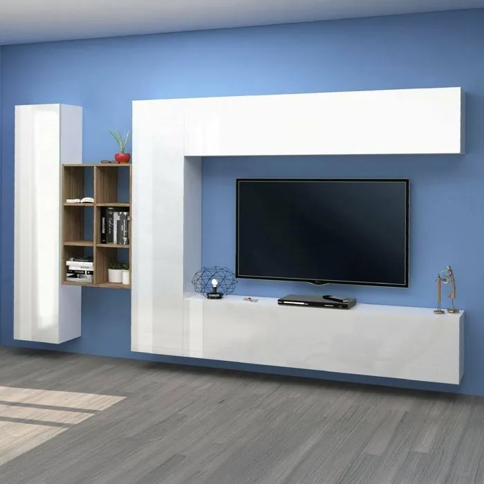 Élément mural Agna, meuble TV 4 portes, Meuble de salon polyvalent, 100% Made in Italy, 280x30h180 cm, Blanc brillant et érable