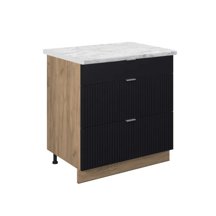Vicco Meuble cuisine Noir rayé 80cm avec 3 tiroirs, PT Marbre