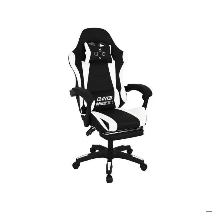 Clutch - Chaise De Gaming Ergonomique Avec Coussin Lombaire, Appuie-tête Et Repose-pieds En Pvc Noir Et Blanc