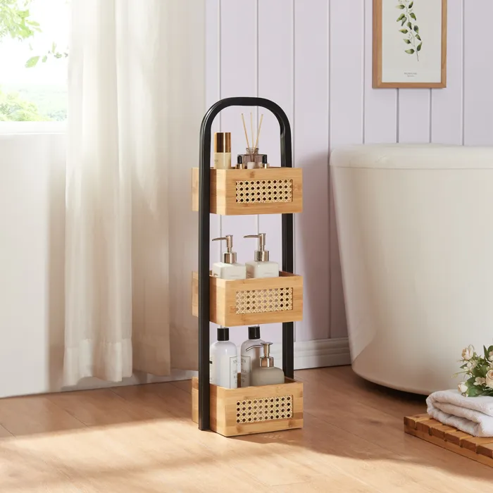 Étagère de salle de bain Tervola 73x23x18,5cm noir naturel aspect rotin en.casa