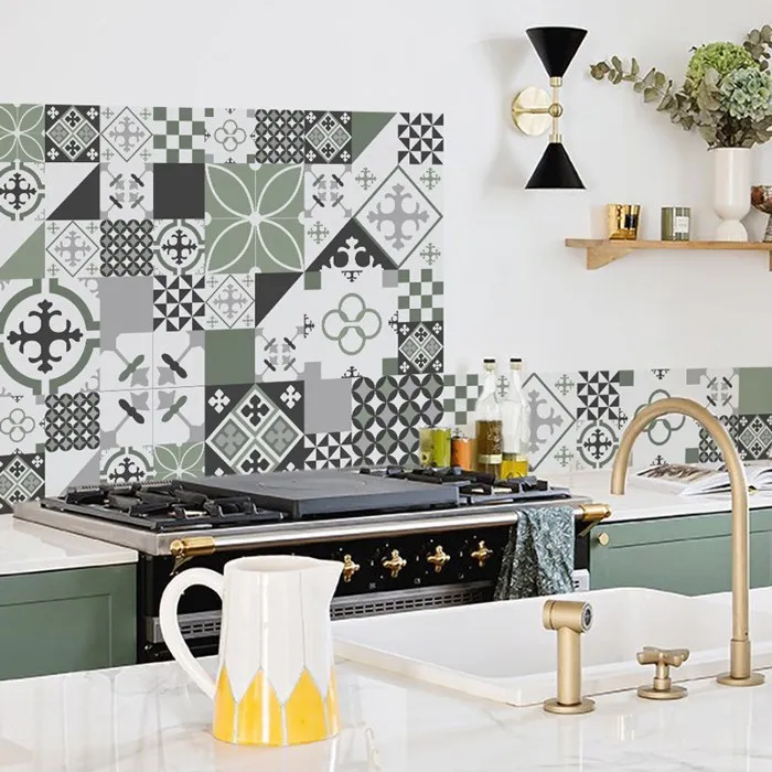 Crédence cuisine en aluminium effet carreaux de ciment vert - 200x20 cm (en 2 bandeaux)