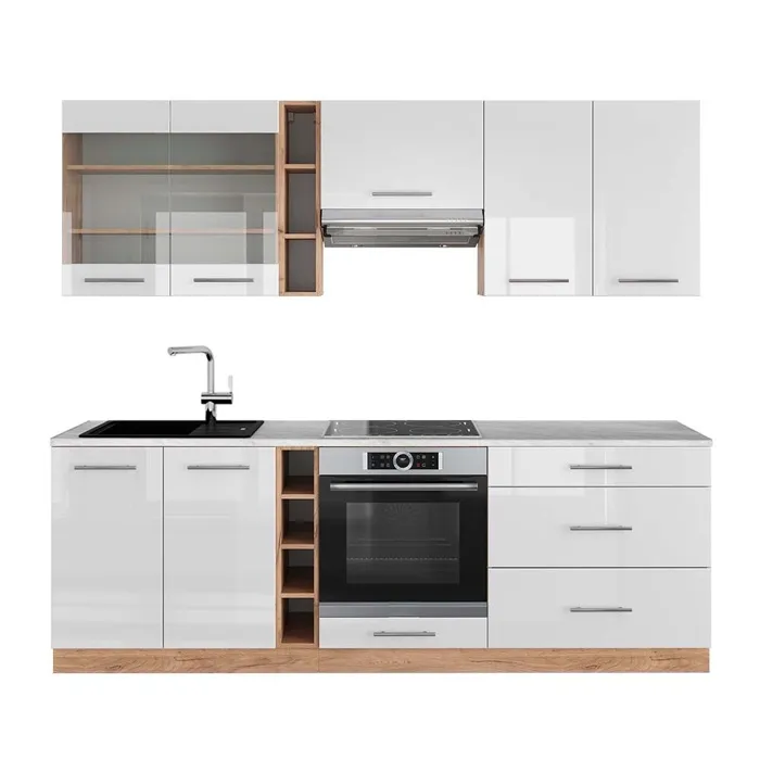 Vicco Cuisine Blanc brillant/Chêne doré 235cm, PT Marbre