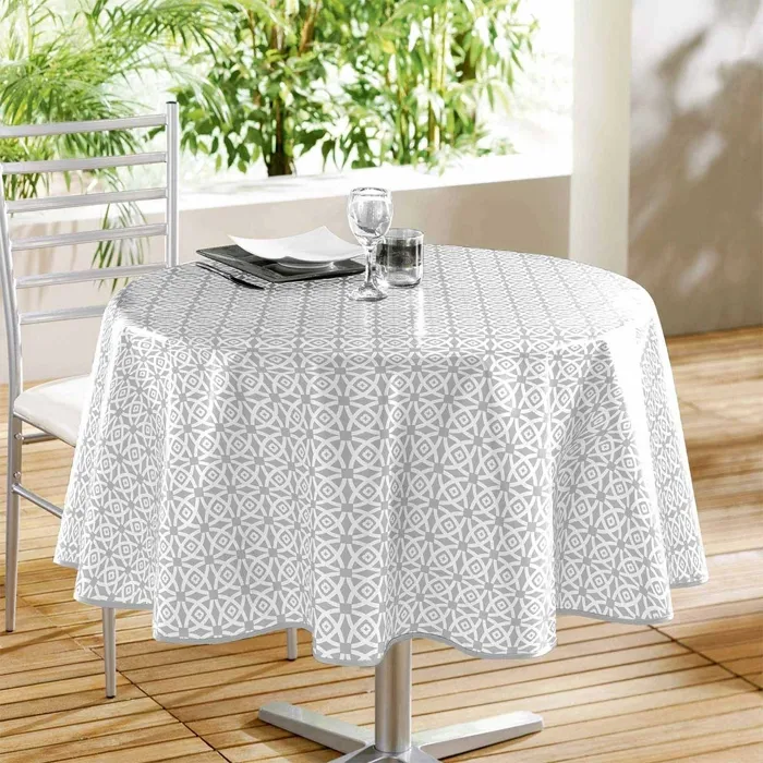 Nappe Ronde En Toile Cirée "abaca" 160cm Gris & Blanc