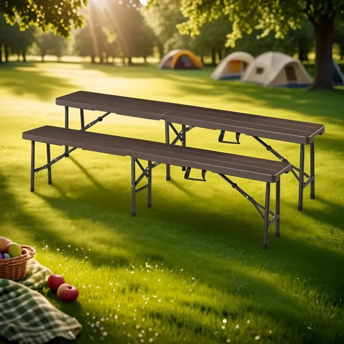 Lot de 2 bancs de camping pliables Lillestroem 180 x 25 x 43 cm effet bois marron foncé en.casa