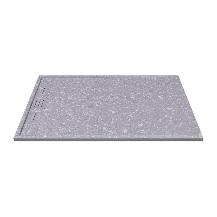 Receveur de douche extra plat à poser ou à encastrer recoupable en résine SMC - Effet Terrazzo gris - 140 x 90 cm - LYROSA
