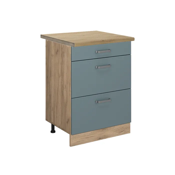 Vicco Meuble cuisine Bleu-gris/Chêne doré 60cm avec tiroirs plan de travail Chêne doré