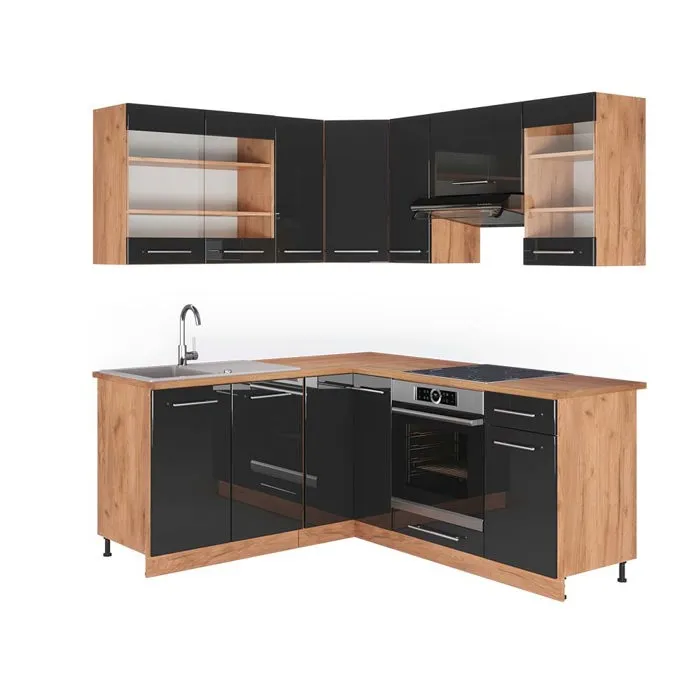 Vicco Cuisine en angle Anthracite Haute brillance/Chêne de force doré 190 x 160 cm, PT Chêne