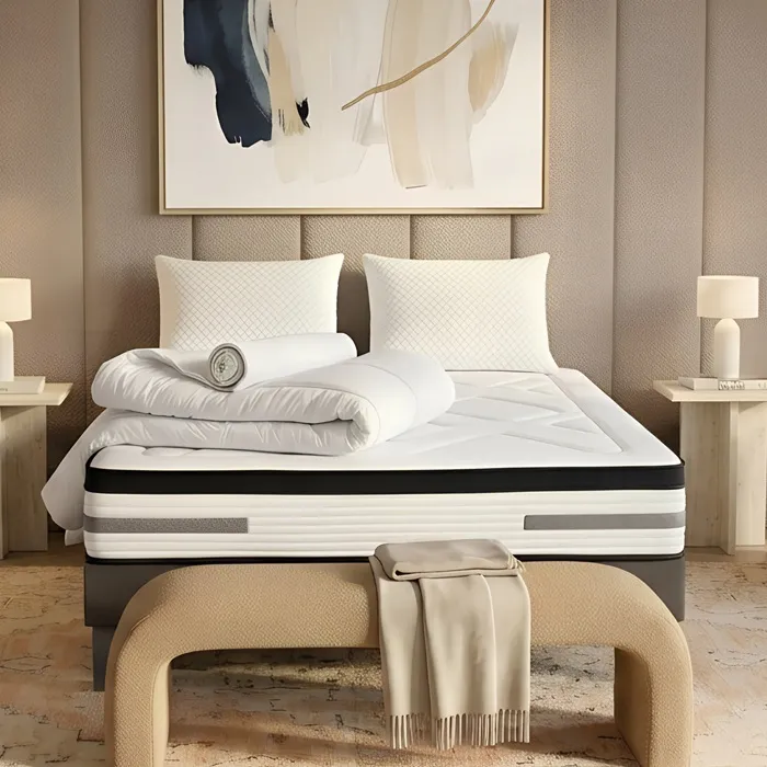 Pack Bellevue 140x190 cm Matelas Ressorts ensachés + Sommier Bois + Accessoires