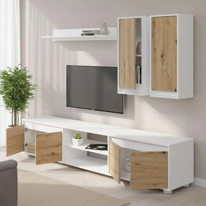 Meuble Tv Effet Bois Beige, Blanc 210x40 Cm