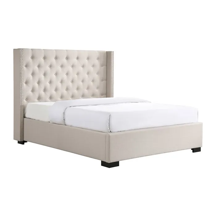Lit 200 x 200 cm avec tête de lit capitonnée - Tissu - Beige - MASSIMO