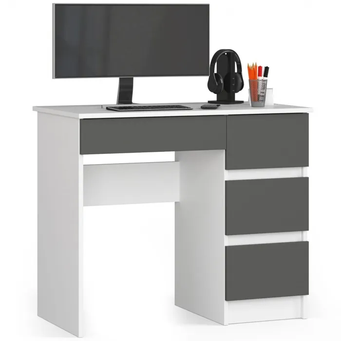Bureau D'ordinateur Akord Droit A7 Blanc 90 Cm 4 Tiroirs Façade Gris Graphite 90x50x77 Cm