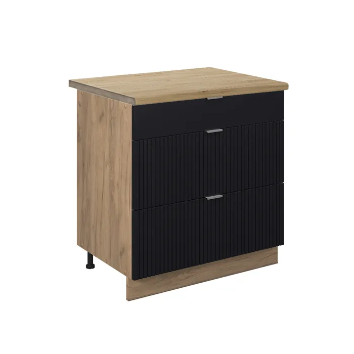 Vicco Meuble cuisine Noir rayé 80cm avec 3 tiroirs, PT Chêne