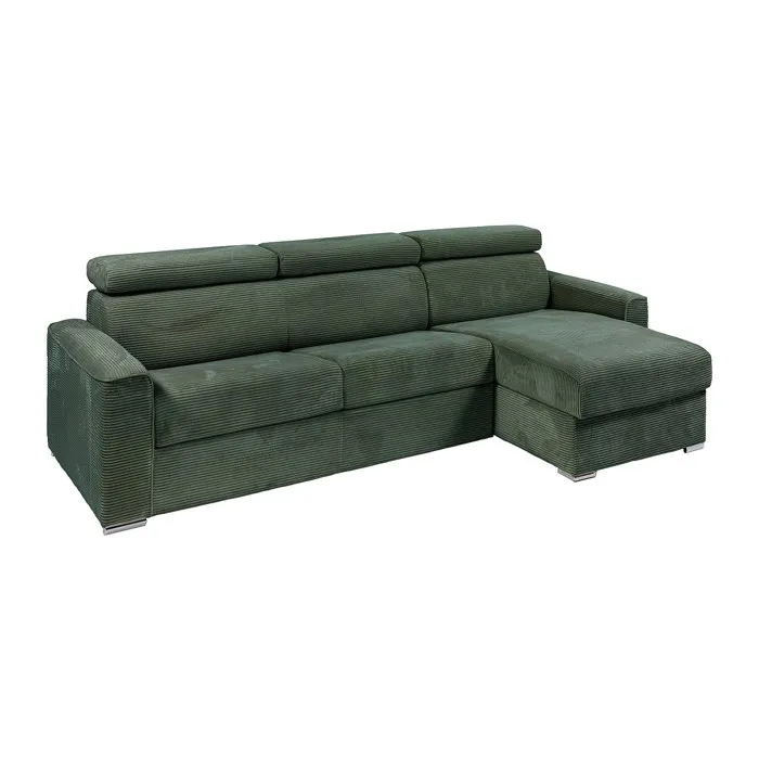 Canapé d'angle réversible convertible express en velours côtelé vert - Couchage 160 cm - Matelas 14 cm - VIZIR