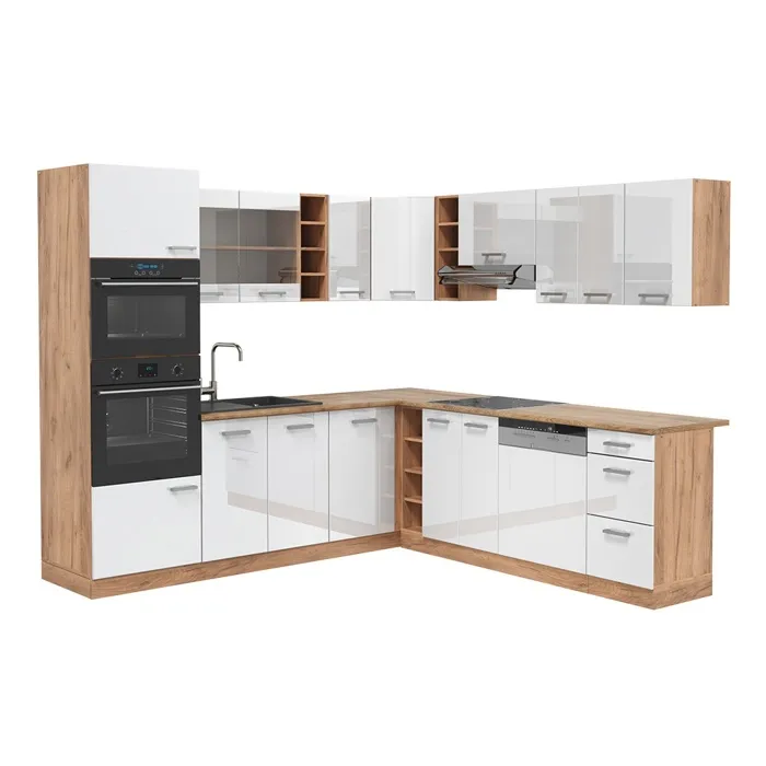 Vicco Cuisine en angle Blanc Haute brillance/Chêne de force doré 247 x 237 cm sans PT