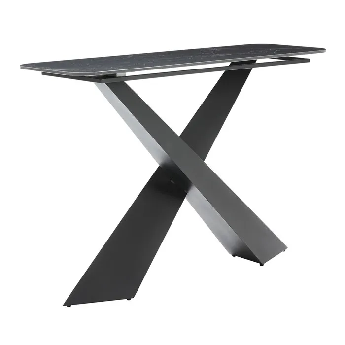 NAJMA - Console Plateau Céramique Marbré Noir Pieds Métal Noir