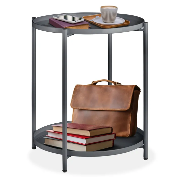 Table D'appoint En Acier 2 Niveaux Style Industriel Gris Foncé
