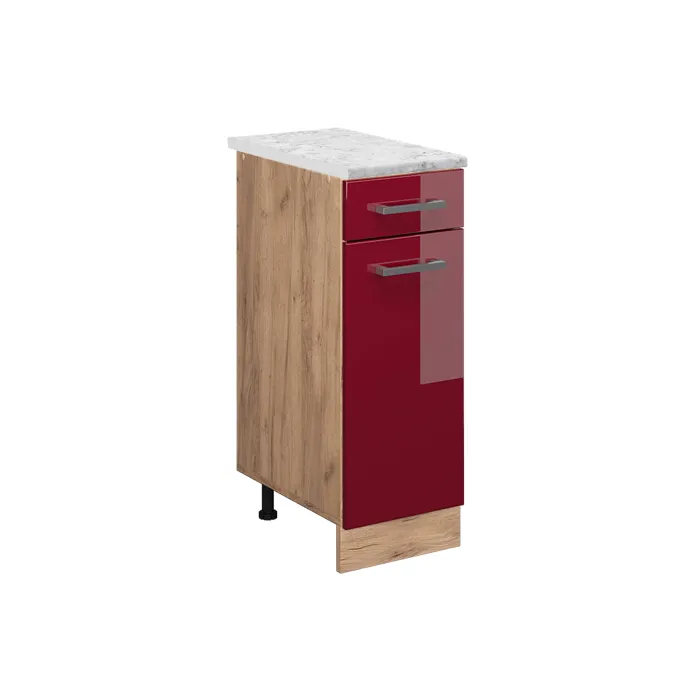 Vicco Meuble cuisine Rouge brillant/Chêne doré 30cm plan de travail Marbre