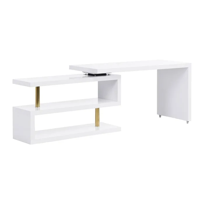 Bureau extensible avec plateau pivotant 360- MDF laqué - Blanc et doré - NICEPHORE II