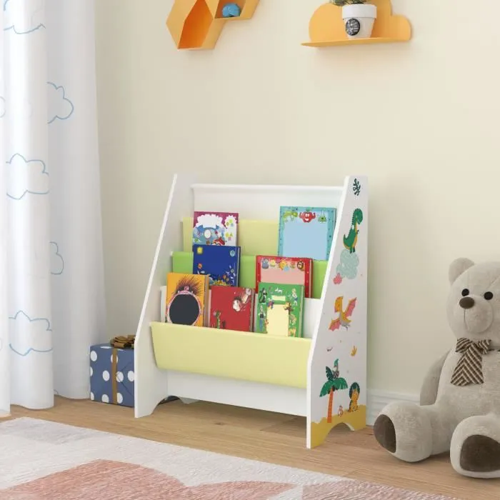 Bibliothèque Fisterra pour enfant avec 4 compartiments ouverts blanc vert jaune en.casa
