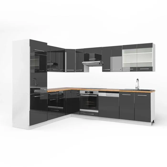 Vicco Cuisine en angle Anthracite Haute brillance/Blanc 287 x 227 cm, PT Chêne