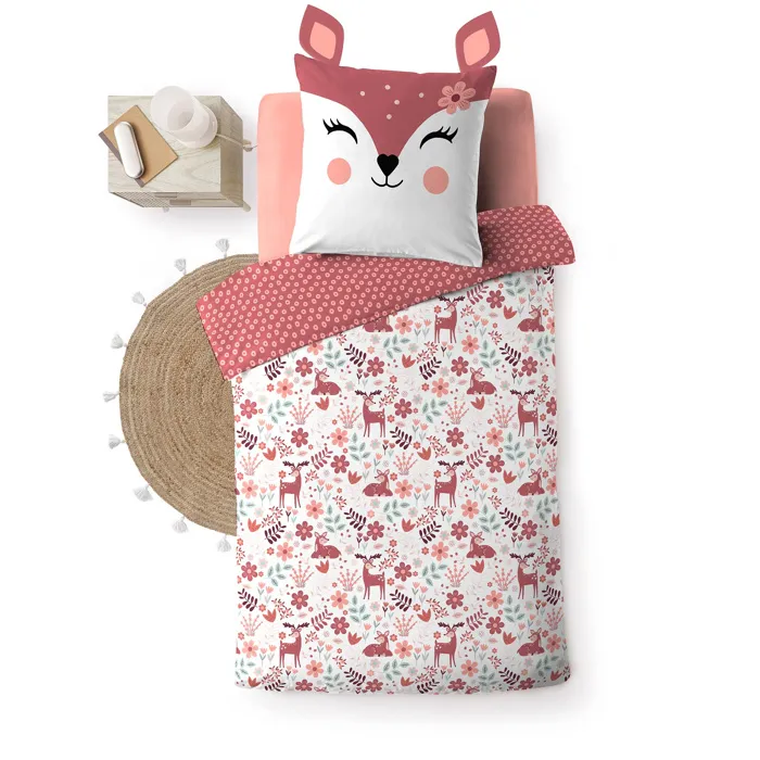 Housse de couette enfant réversible 140x200 cm 100% coton Motif faon BICHETTE 42 fils