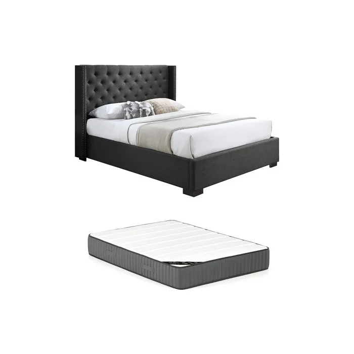 Lit 180 x 200 cm avec tête de lit capitonnée - Tissu - Gris + Matelas - MASSIMO II