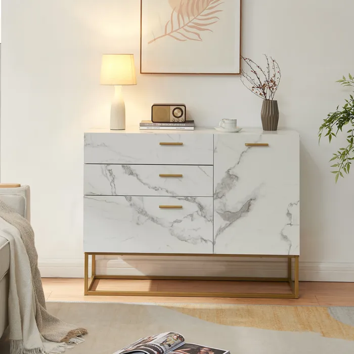 Buffet Lavangen 75 x 100 x 35 cm or effet marbre blanc en.casa