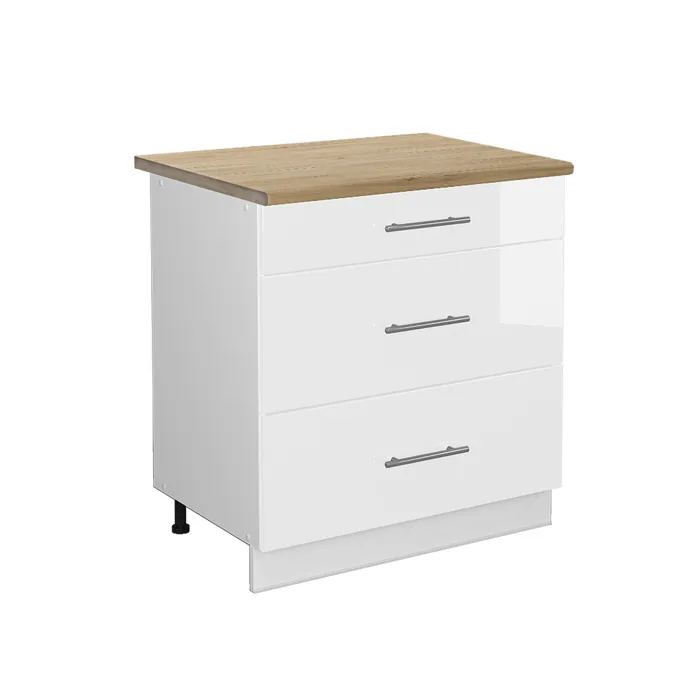 Vicco Meuble cuisine Blanc Haute brillance/Blanc 80cm avec 3 tiroirs plan de travail Chêne doré